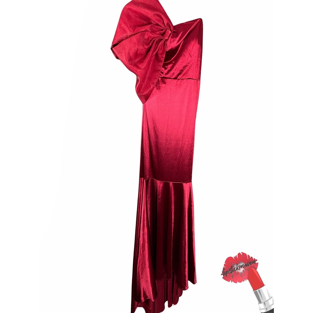 Faeriesty Formal Gown Women Medium Red Puff Bow Shoulder Maxi Prom Wedding Guest